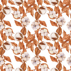 Cotton fabric Hand drawn watercolor seamless pattern with cotton plant and brown dry leaves. Vintage botanical illustration in soft pastel colors. Perfect for textile, wallpaper, packaging, decor, print