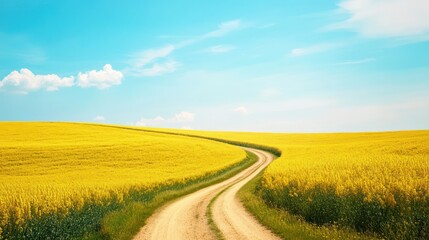 Winding road through yellow rapeseed field, sunny day, blue sky (1)