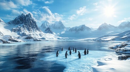 Majestic Antarctic Landscape: Penguins on Ice