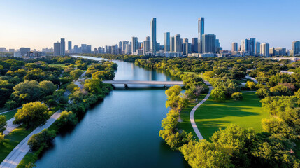 Fototapeta premium Aerial view of vibrant cityscape with river and green parks