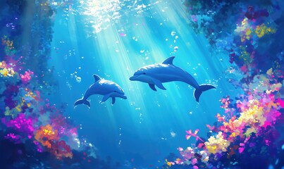 Obraz premium Dolphins swimming in vibrant underwater scene with colorful coral reef