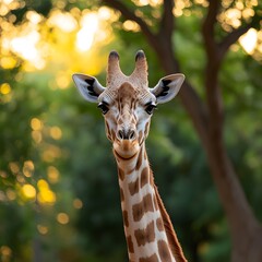 Obraz premium Smiling giraffe portrait, zoo, sunset bokeh, wildlife conservation