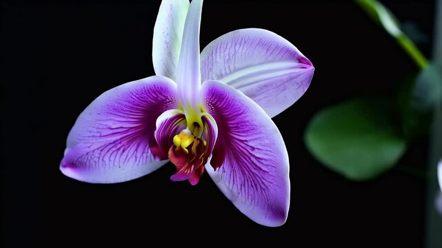 Vertical time lapse video showing opening vibrant purple orchid flower black background highlighting natural beauty growth