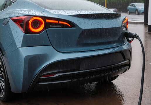 A stylish electric car is plugged into a charging station during a rainy day. Raindrops are seen on the car's body and puddles form on the wet ground.