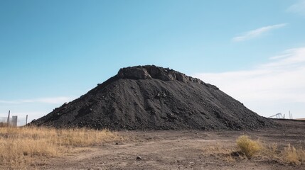 Dark pile of rubble in open field under clear sky. Ideal for industrial, landscape or environmental themes