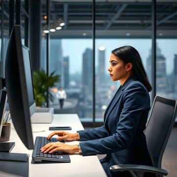 Una empleada hispana est&aacute; sentada frente a una computadora en la oficina de la empresa y trabajando. Esta es una vista lateral de ella en el trabajo.