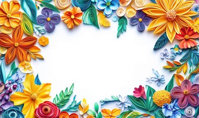 Obraz premium Colorful paper quilling flowers and leaves frame with blank space for text