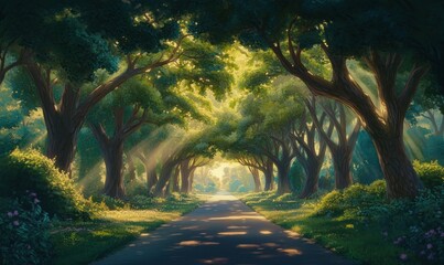Serene forest pathway illuminated by sunlight filtering through lush green trees