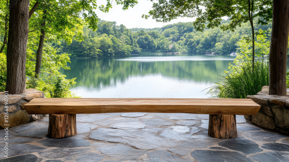 Wall mural rustic wooden bench overlooks tranquil lake surrounded by lush greenery