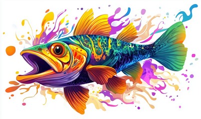 Fototapeta premium Colorful trout fish illustration with vibrant splashes and artistic design