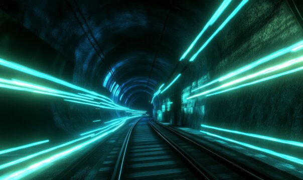 dark tunnel with neon lights. Light streaks of blue and green light the way ahead. In front, there is an empty train track. The scene has a minimalistic feel to it.
