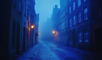 Fototapeta premium Mysterious foggy street illuminated by vintage lamps in a historic town