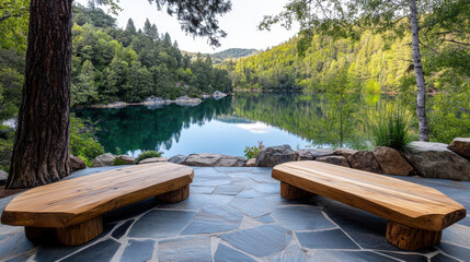 Obraz premium Rustic patio with wooden benches overlooking tranquil lake view