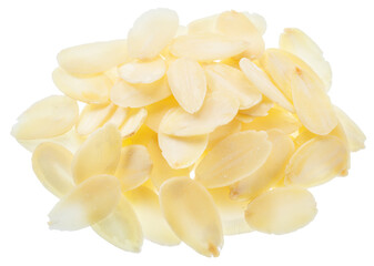 Almond flakes, slices of blanched almonds nuts isolated on white background. File contains clipping paths.