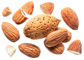 Different almond nuts levitating in air on white background. File contains clipping paths.