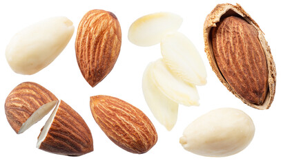 Set of different almond nuts isolated on white background. File contains clipping path.