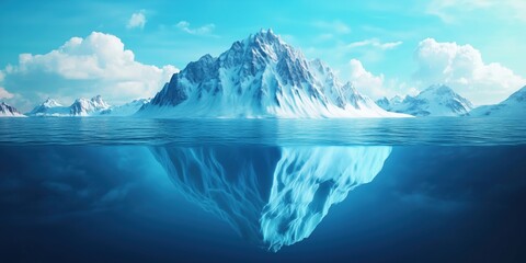 Majestic iceberg reflecting in crystal clear water under bright blue sky
