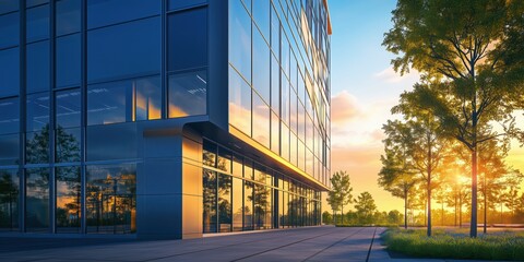 Modern office building reflecting sunset with trees and clear sky