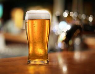 Glass of chilled beer on wooden bar table top and blurred bar interior at the background.