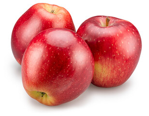 Three ripe red apples on white background. File contains clipping path. Top view.