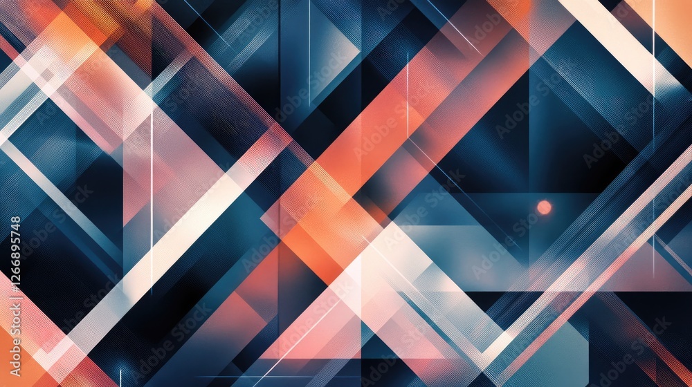 Poster an intricate geometric abstract pattern with sharp angles and lines in contrasting colors, adding de