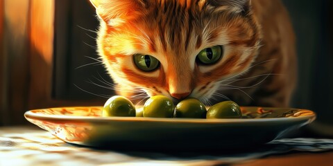 Curious orange cat inspecting green olives on a decorative plate