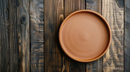 Empty clay plate on wooden background. Top view