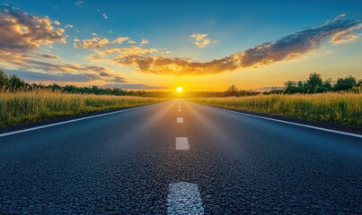Stunning sunset over open road with vibrant sky and lush green fields