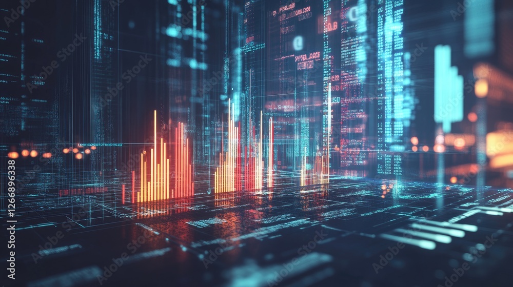 Poster a d bar graph with glowing bars on a futuristic digital interface, surrounded by holographic data po