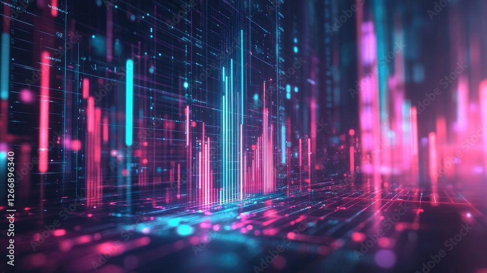 Poster a d bar graph with glowing bars on a futuristic digital interface, surrounded by holographic data po