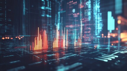A D bar graph with glowing bars on a futuristic digital interface, surrounded by holographic data points, representing advanced analytics and tech innovation.