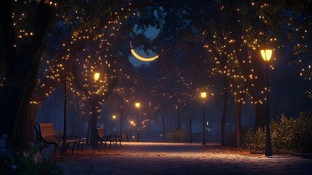 Serene nighttime park scene illuminated by glowing lights, with benches under a crescent moon