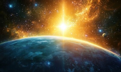 Stunning view of Earth from space with vibrant sunrise and distant planets