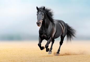 Powerful Black Horse Running Across Sandy Field Under Hazy Sky