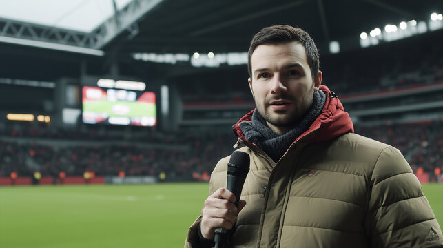 A male reporter broadcasting from a packed football stadium. The reporter shares live updates from the stadium. The excitement of the stadium adds intensity to the reporter’s commentary.
