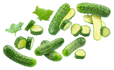 Fresh sweet small cucumbers and cucumber slices levitating in air. Cucumbers that are used to pickling or slicing. File contains clipping paths.