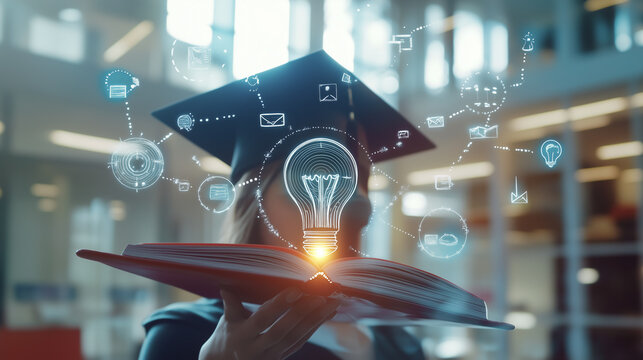 University student holding a book with a hologram light bulb and knowledge icons. University student and new ideas. University education and success require effort academic success leads career growth