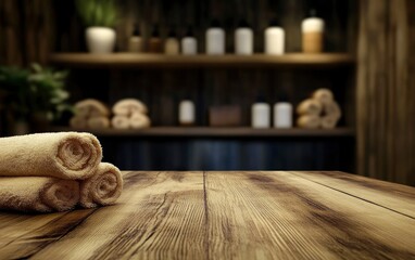 Blurred background of a modern bathroom interior with a wooden table for product display and presentation. 