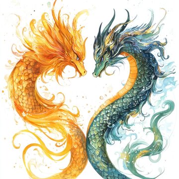 Two dragons, fiery and teal, in a heart shape, fantasy art, ideal for prints or wallpapers