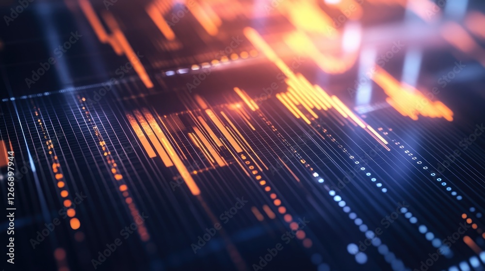 Poster a close-up of a d financial graph with light reflections and shadows, illustrating the depth and com