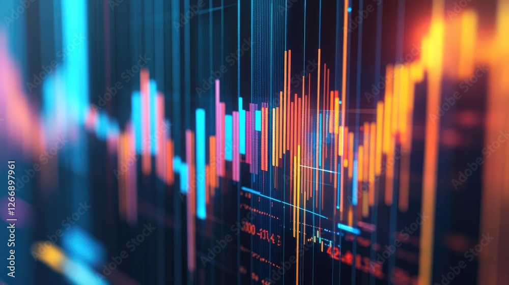 Poster a close-up of a d financial graph with light reflections and shadows, illustrating the depth and com