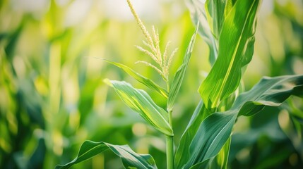 Naklejka premium A close-up of a corn plant with tassels and developing ears, illustrating the growth process and the beauty of nature in a cornfield.