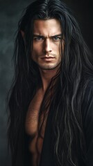portrait of a man with long hair and an out of focus shot of his chest.