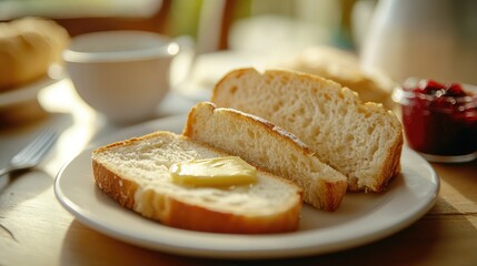 A close-up of a sliced loaf of soft square bread, revealing its airy texture, served with butter and jam on a breakfast table, highlighting a comforting morning meal.