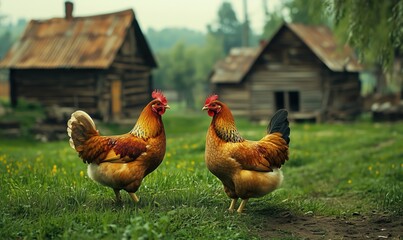 Two vibrant chickens in a rustic farm setting with wooden houses in background