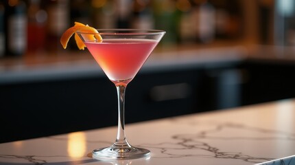 A vibrant pink cocktail in a classic martini glass, accented by a fresh orange wedge, exuding lively bar vibes