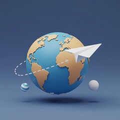 Fototapeta premium 3D illustration of a paper plane flying around Earth, featuring a minimal design with business elements in a 3D icon theme