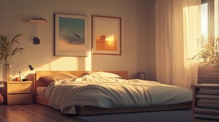A cozy bedroom designed in a minimalistic style, featuring a low-profile bed, soft linens, and a few carefully selected decor pieces, emphasizing comfort and tranquility.