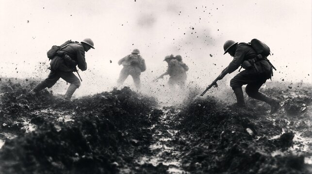 Soldiers storming up a hill during the Battle of Verdun.