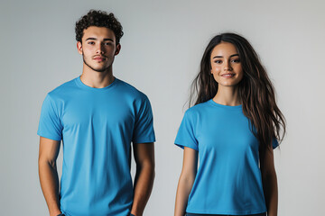 A young couple wearing a blue matching t-shirt mockup used as a design template